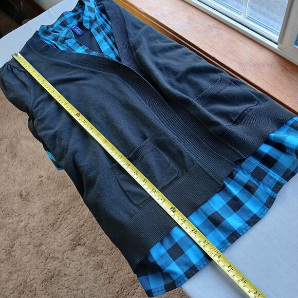 GNW Indigo Teal Layered Look Cardigan Blouse L plaid pintuck tunic roll sleeve - Picture 13 of 16